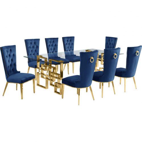 D224 9 Piece Dining Set in Tempered Glass, Polished Gold Stainless Steel & Navy Blue Velvet