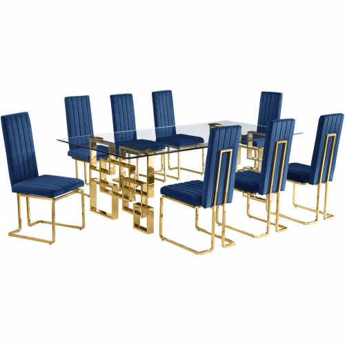 D224 9 Piece Dining Set in Tempered Glass, Gold Stainless Steel & Navy Blue Velvet