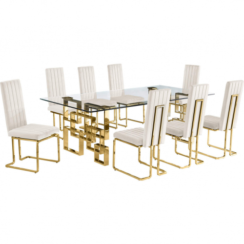 D224 9 Piece Dining Set in Tempered Glass, Gold Stainless Steel & Cream Velvet