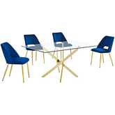 5 Piece Dining Set in Tempered Glass, Gold Chrome & Navy Blue Velvet