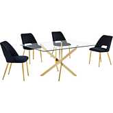 5 Piece Dining Set in Tempered Glass, Gold Chrome & Black Velvet