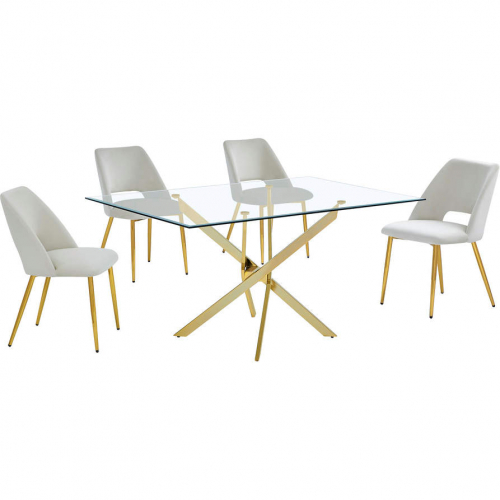 5 Piece Dining Set in Tempered Glass, Gold Chrome & Cream Velvet