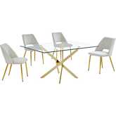 5 Piece Dining Set in Tempered Glass, Gold Chrome & Cream Velvet