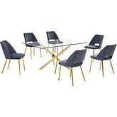 7 Piece Dining Set in Tempered Glass, Gold Chrome & Dark Gray Velvet