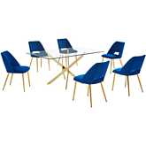 7 Piece Dining Set in Tempered Glass, Gold Chrome & Navy Blue Velvet