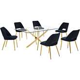 7 Piece Dining Set in Tempered Glass, Gold Chrome & Black Velvet