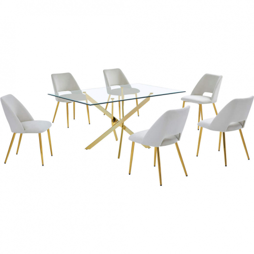 7 Piece Dining Set in Tempered Glass, Gold Chrome & Cream Velvet