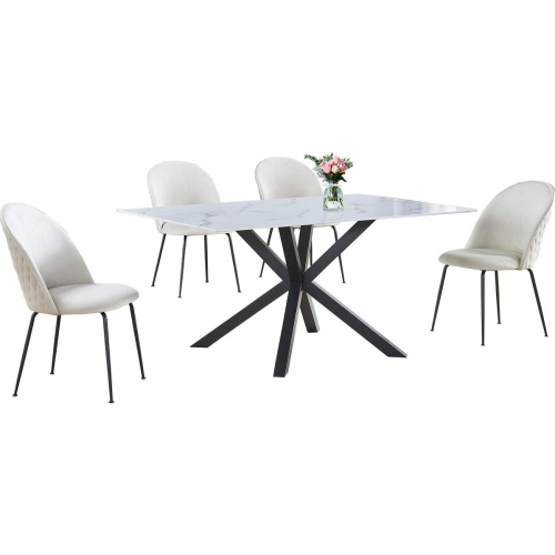 5 Piece Dining Set in White Faux Marble Wrap Tempered Glass, Gray & Beige Velvet