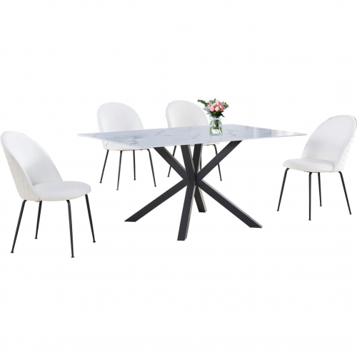 5 Piece Dining Set in White Faux Marble Wrap Tempered Glass, Gray & White Faux Leatherette