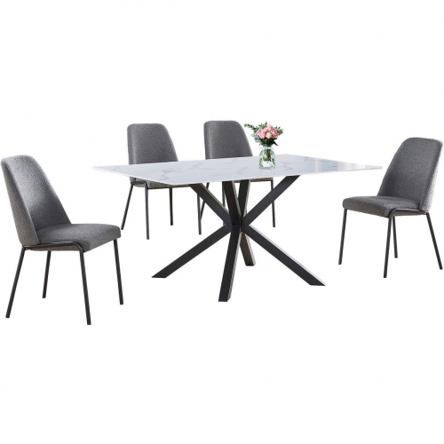 5 Piece Dining Set in White Faux Marble Wrap Tempered Glass, Gray & Dark Gray Fleece