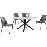 5 Piece Dining Set in White Faux Marble Wrap Tempered Glass, Gray & Dark Gray Fleece