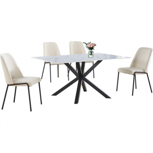 5 Piece Dining Set in White Faux Marble Wrap Tempered Glass, Gray & Cream Fleece