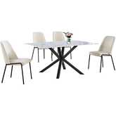 5 Piece Dining Set in White Faux Marble Wrap Tempered Glass, Gray & Cream Fleece