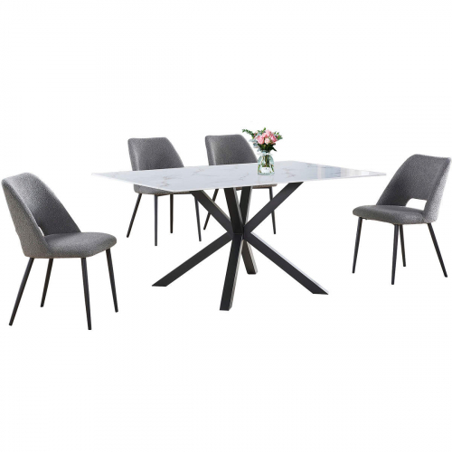 5 Piece Dining Set in White Faux Marble Wrap Tempered Glass, Gray & Gray Fleece