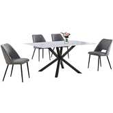 5 Piece Dining Set in White Faux Marble Wrap Tempered Glass, Gray & Gray Fleece