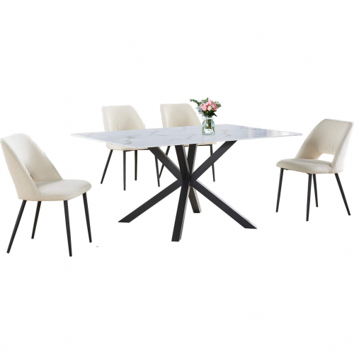 5 Piece Dining Set in White Faux Marble Wrap Tempered Glass, Gray & Beige Fleece