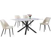 5 Piece Dining Set in White Faux Marble Wrap Tempered Glass, Gray & Beige Fleece