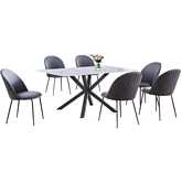 7 Piece Dining Set in White Faux Marble Wrap Tempered Glass, Gray & Gray Velvet