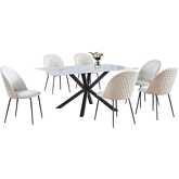 7 Piece Dining Set in White Faux Marble Wrap Tempered Glass, Gray & Beige Velvet