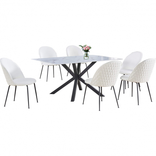 7 Piece Dining Set in White Faux Marble Wrap Tempered Glass, Gray & White Faux Leatherette