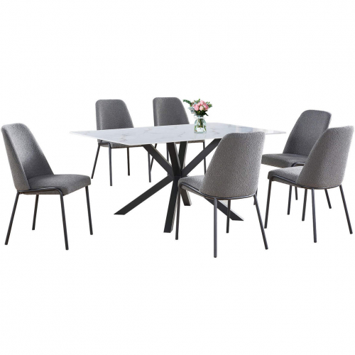 7 Piece Dining Set in White Faux Marble Wrap Tempered Glass, Gray & Dark Gray Fleece