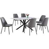 7 Piece Dining Set in White Faux Marble Wrap Tempered Glass, Gray & Dark Gray Fleece