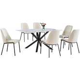 7 Piece Dining Set in White Faux Marble Wrap Tempered Glass, Gray & Cream Fleece