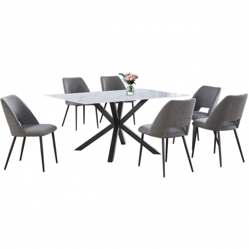 7 Piece Dining Set in White Faux Marble Wrap Tempered Glass, Gray & Gray Fleece