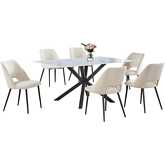 7 Piece Dining Set in White Faux Marble Wrap Tempered Glass, Gray & Beige Fleece