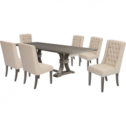 D25 7 Piece Dining Set in Tufted Beige Linen & Rustic Gray/Brown Wood