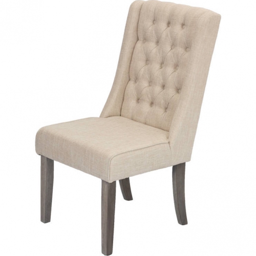 D25 Dining Chair in Tufted Beige Linen & Rustic Gray/Brown Wood