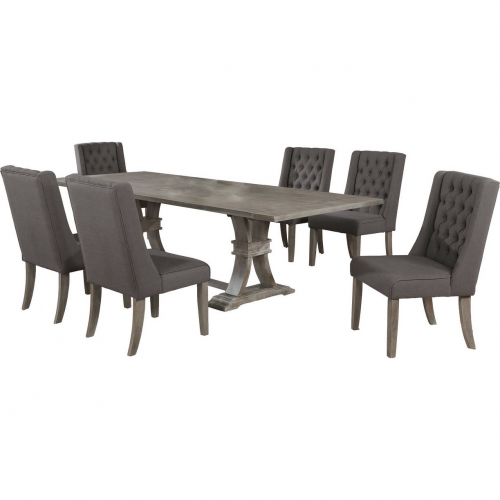 D26 7 Piece Dining Set in Tufted Gray Linen & Rustic Gray Wood