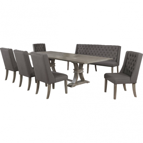 D26 7 Piece Dining Set in Tufted Gray Linen & Rustic Gray Wood