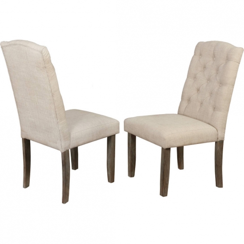 D303 Dining Chair in Tufted Beige Linen & Rustic Wood (Set of 2)