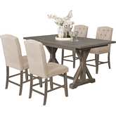 D305 5 Piece Counter Dining Set in Tufted Beige Linen & Rustic Wood