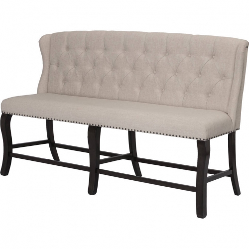 D31 Counter Dining Bench in Tufted Beige Linen & Cappuccino Wood