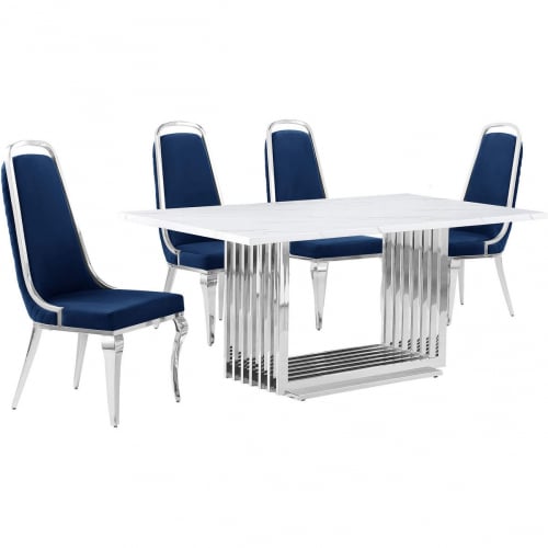 D310 5 Piece Dining Set in White Marble, Polished Stainless Steel & Navy Blue Velvet