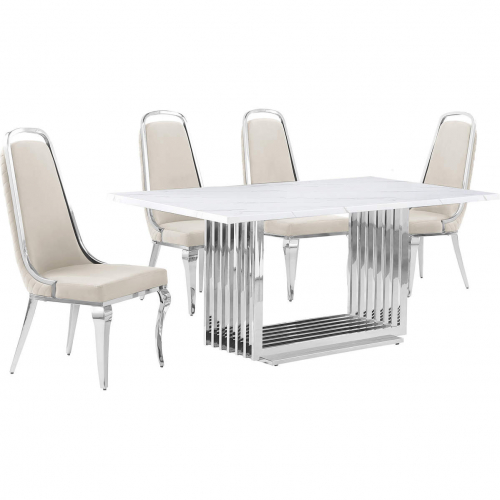 D310 5 Piece Dining Set in White Marble, Polished Stainless Steel & Black Velvet