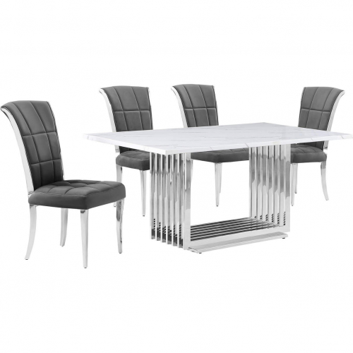 D310 5 Piece Dining Set in White Marble, Polished Stainless Steel & Dark Gray Velvet