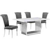 D310 5 Piece Dining Set in White Marble, Polished Stainless Steel & Dark Gray Velvet