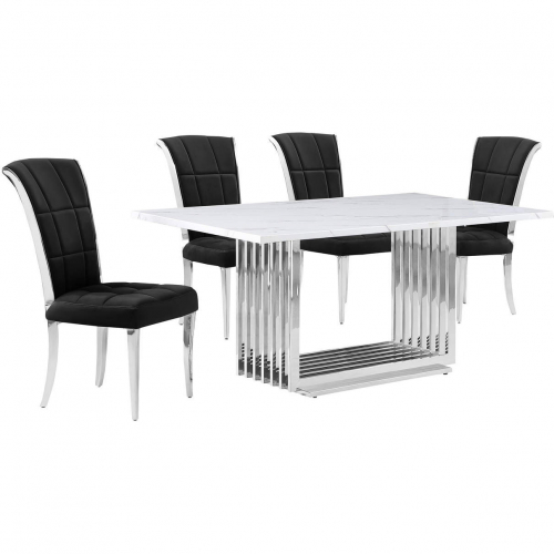 D310 5 Piece Dining Set in White Marble, Polished Stainless Steel & Black Velvet