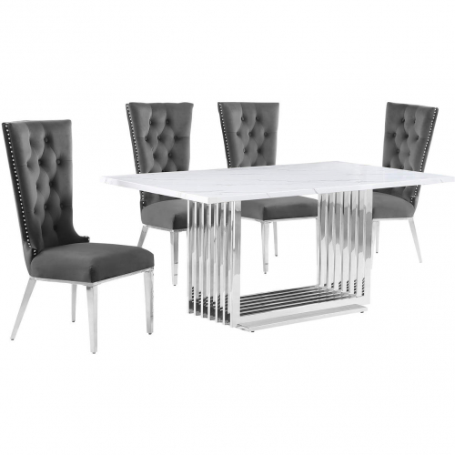 D310 5 Piece Dining Set in White Marble, Polished Stainless Steel & Dark Gray Velvet