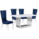 D310 5 Piece Dining Set in White Marble, Polished Stainless Steel & Navy Blue Velvet