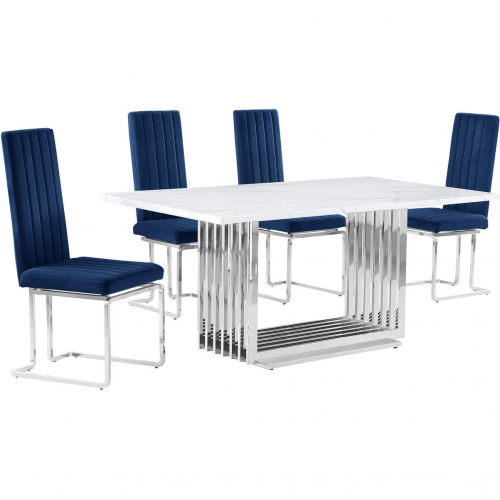 D310 5 Piece Dining Set in White Marble, Polished Stainless Steel & Navy Blue Velvet