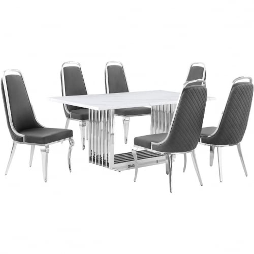 D310 7 Piece Dining Set in White Marble, Polished Stainless Steel & Dark Gray Velvet