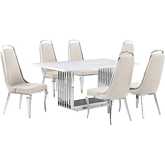 D310 7 Piece Dining Set in White Marble, Polished Stainless Steel & Black Velvet