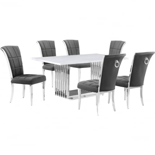 D310 7 Piece Dining Set in White Marble, Polished Stainless Steel & Dark Gray Velvet