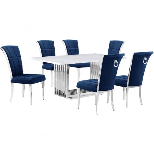 D310 7 Piece Dining Set in White Marble, Polished Stainless Steel & Navy Blue Velvet