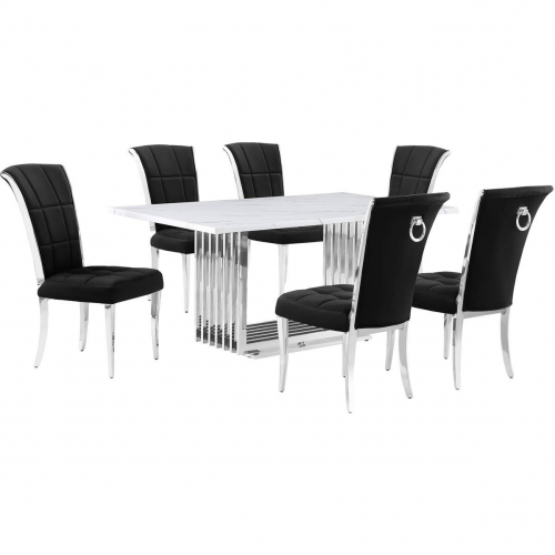 D310 7 Piece Dining Set in White Marble, Polished Stainless Steel & Black Velvet