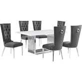 D310 7 Piece Dining Set in White Marble, Polished Stainless Steel & Dark Gray Velvet